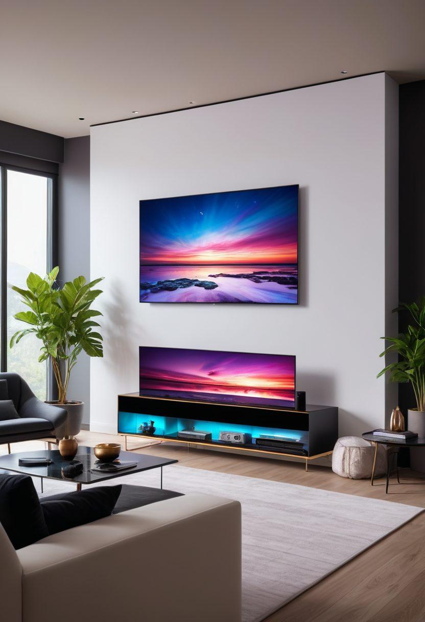 A sleek, ultra-thin high-end television with a futuristic design displaying a vibrant 8K scene. Surrounding the TV are luxury media gadgets and high-end audio systems. The background features an elegant, modern living room with ambient lighting. super-realistic. vibrant colors. modern aesthetic.