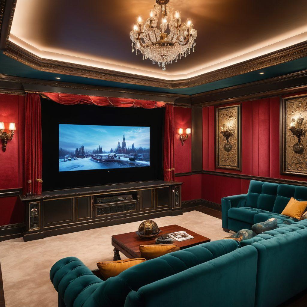 A luxurious home theater setup with plush velvet seating, a massive high-definition screen showcasing a classic movie scene, and ambient warm lighting. Surrounding the room are detailed shelves filled with vintage movie reels, elegant ornaments, and a crystal chandelier. super-realistic. vibrant colors. elegant.
