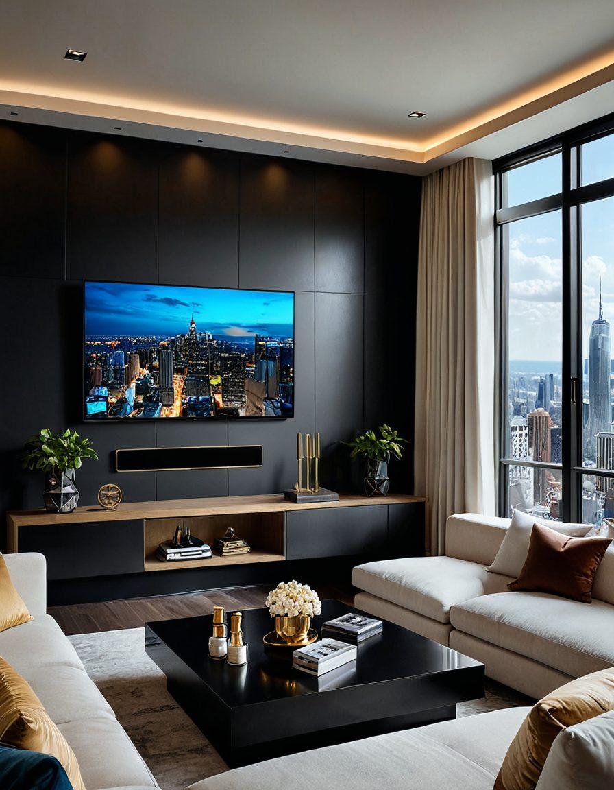 A luxurious living room with a large, ultra-modern flat-screen TV displaying a montage of exclusive TV shows and elite channels. The setting includes premium sound systems, plush sofa, and a chic coffee table with a remote control and popcorn. The background shows a cityscape through large windows, showcasing a high-end apartment vibe. Vibrant colors, super-realistic.
